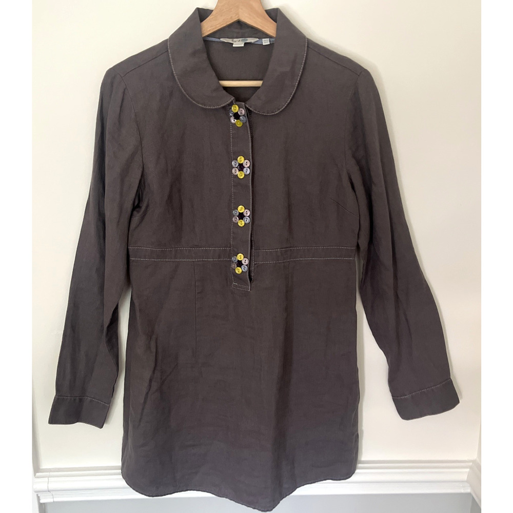 Boden Linen Tunic Size 6 Peter Pan Collar‎ Gray Decorative Buttons